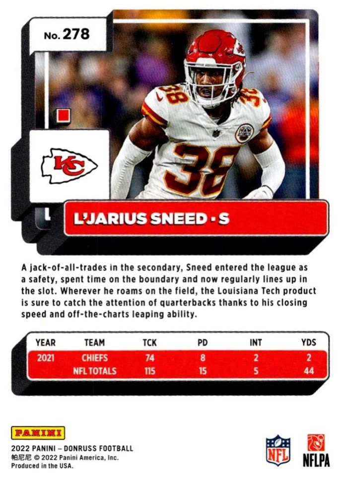 2022 Donruss Red Press Proof L'Jarius Sneed Kansas City Chiefs #278 - Image 2 of 2