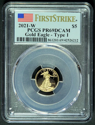 2021-W 1/10 oz $5 Proof GOLD AMERICAN EAGLE PCGS PR69 DCAM Type 1 FIRST STRIKE