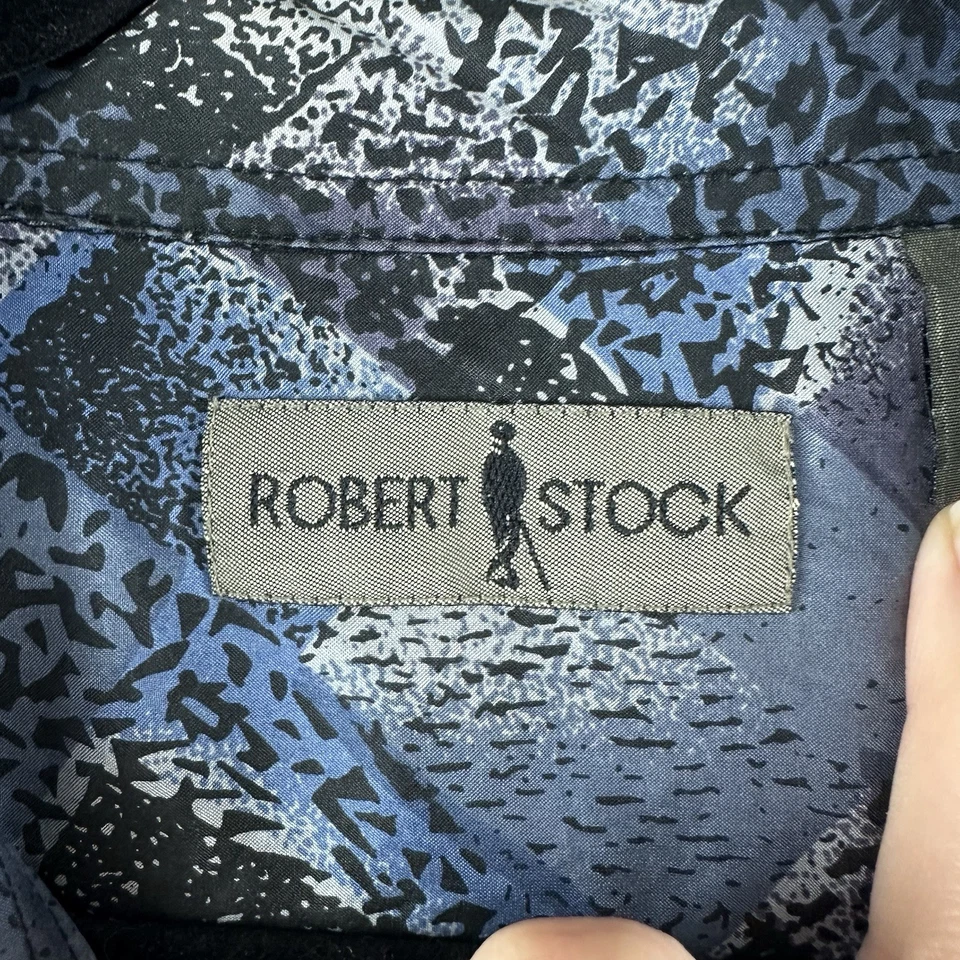 Camisa De Colección Robert Stock Abotonada Para Hombre’s L Azul Gris Negra Geométrica 100% Seda Foto 2 de 4