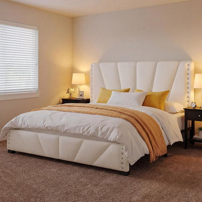 Queen Bed Frame and Headboard, Velvet Upholstered Bed Frame Queen Size with Char