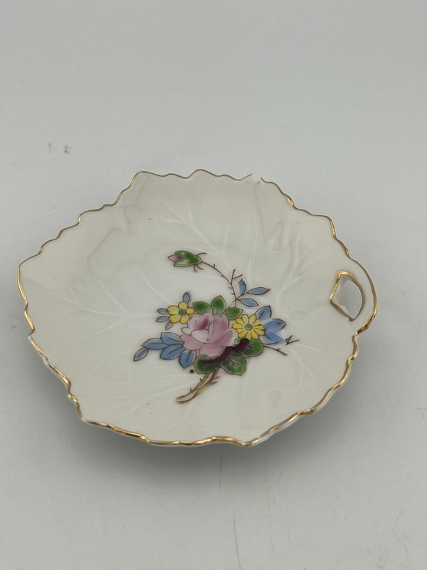 Leaf Shaped Vtg Small Trinket Dish Japan Hand painted signed Floral 