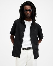 Image of AllSaints Men's Bryant SS Shirt Black Relaxed Fit Button Up L Cotton Polyester