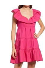 Saylor Karalyn Hot Pink Tiered Ruffle Sleeveless Tie Back Mini Dress Large NWT