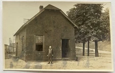 RPPC Vintage Old Man Standing Small Building House Shingle Siding Real Photo