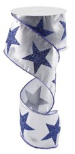 Metallic Silver Blue Stars Decorative Ribbon Trim 2.5In X 10 Yards Wire Edged