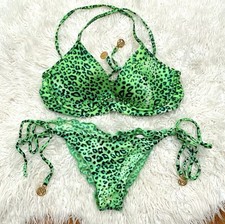 Luli Fama Green Leopard Print Brazilian Scrunch Bikini Size XS