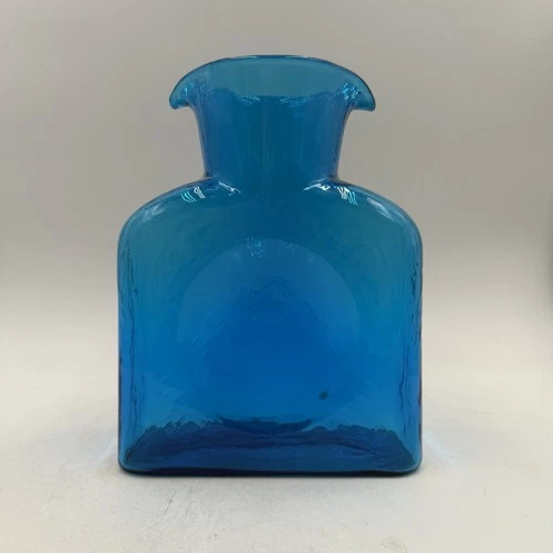 Blenko Art Glass Turquoise Blue Water Bottle 8.25”, Double Spout