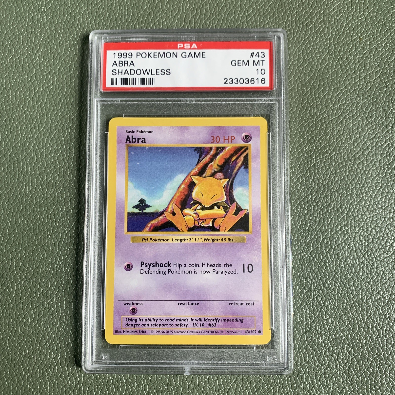 1999 POKEMON BASE SET SHADOWLESS #43 ABRA PSA 10