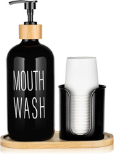 Black Mouthwash Dispenser for Bathroom - 16Oz Pump Glass Bottle with Cup Holder,