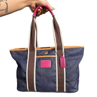 Y2K 2004 Coach Hampton Denim Tote Bag 4498 Leather Canvas Handles