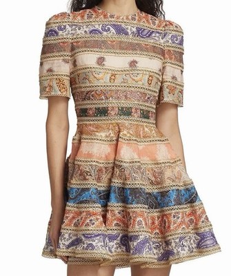 Zimmermann Devi Spliced Mini Dress Size 1/AU 10/US 8 Gold Trim Paisley Rare EUC
