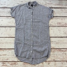 Tahari Womens Mini Linen Shirt Dress Size S Blue White Striped Button Up Collar