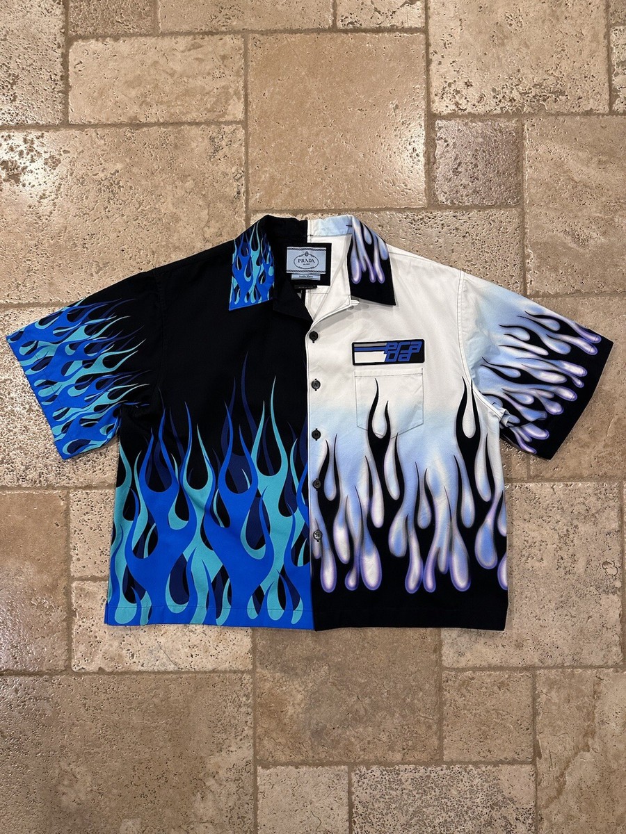 Prada Double Match FW20 Blue/White Flames Bowling Boxy Shirt