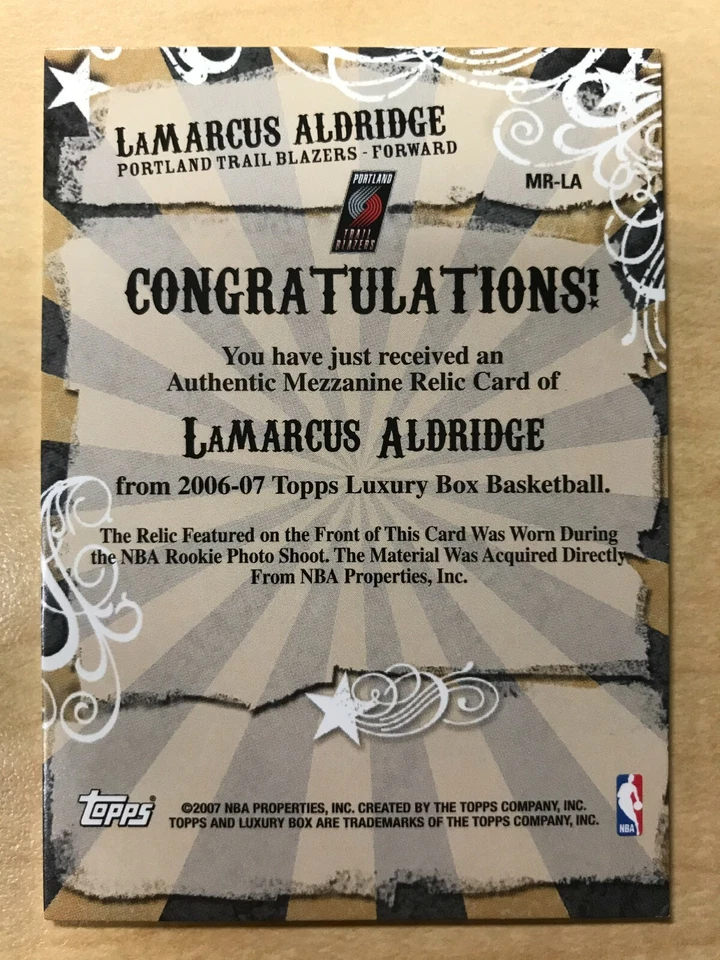 Camiseta deportiva Topps Luxury Box #MR-LA 2006-07 LaMarcus Aldridge RC 1/9 Platinum SP  Foto 3 de 3