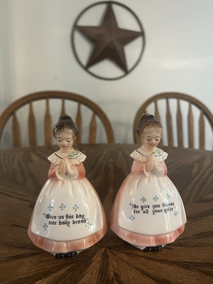 Enesco Mother In The Kitchen Prayer Lady Pink Salt & Pepper SHAKER