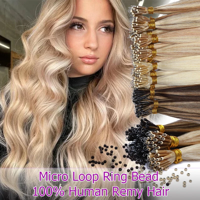 Nano Ring Tip Beads 100 Remy 9A Human Hair Weft Hair Extensions FULL HEAD Thick