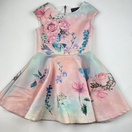 Hannah Banana Sara Sara Dress Girls 4t Pink Blue Watercolor Bling Twirl Floral - Picture 2 of 12