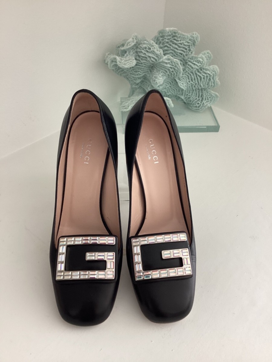 Gucci Crystal G Pumps EU 37 US 7 Black Leather Block Mid