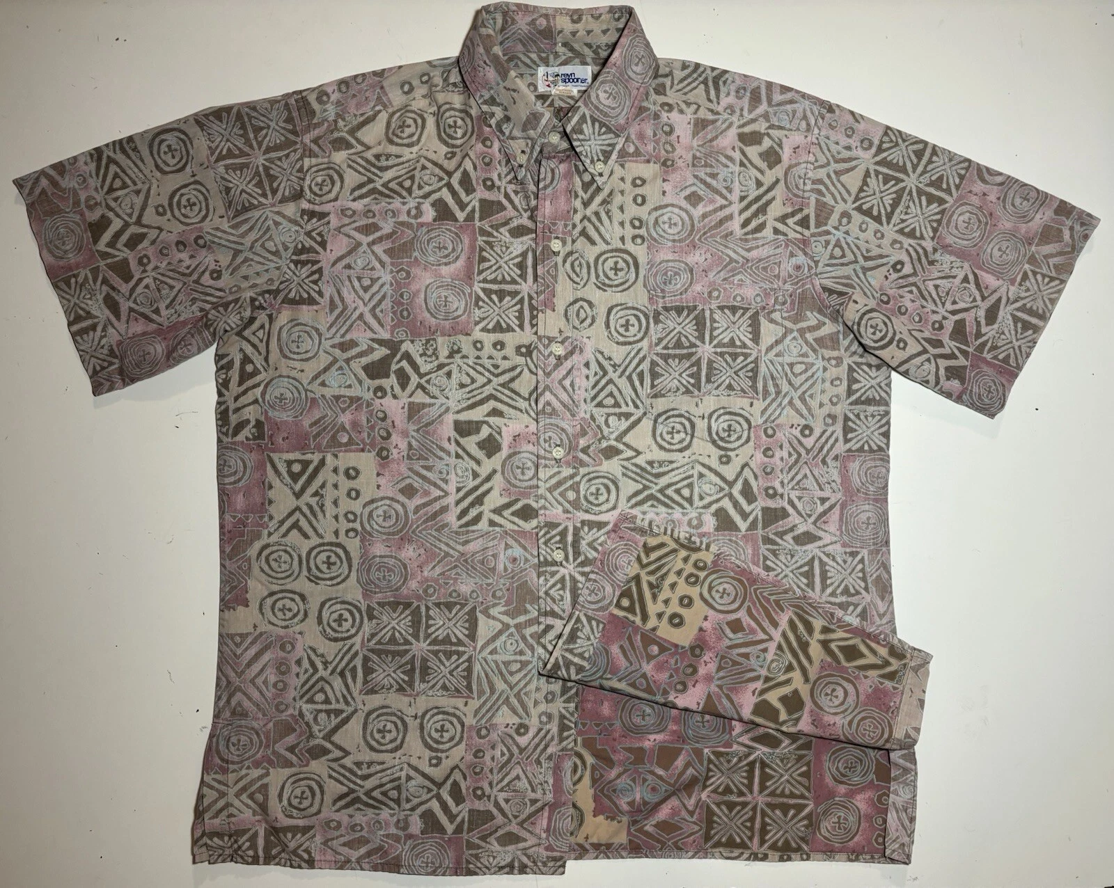 Vtg Reyn Soooner Reverse Print Hawaiian Geometric Traditionals Shirt 90s L