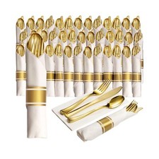 100 Pre Rolled Gold Plastic Silverware - 400pc Set, Service for 100 - Wrapped...