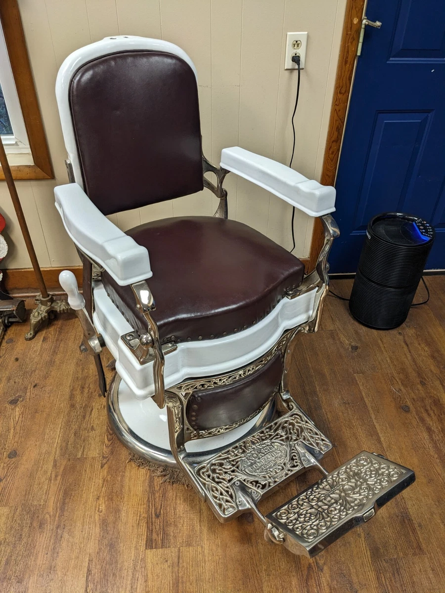 RESTORED Antique KOKEN Barber Chair Nickel Plated and Porcelain w Headrest