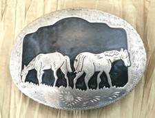 beautiful two horses veg Silver Belt Buckle - Handcrafted 4''x 3''