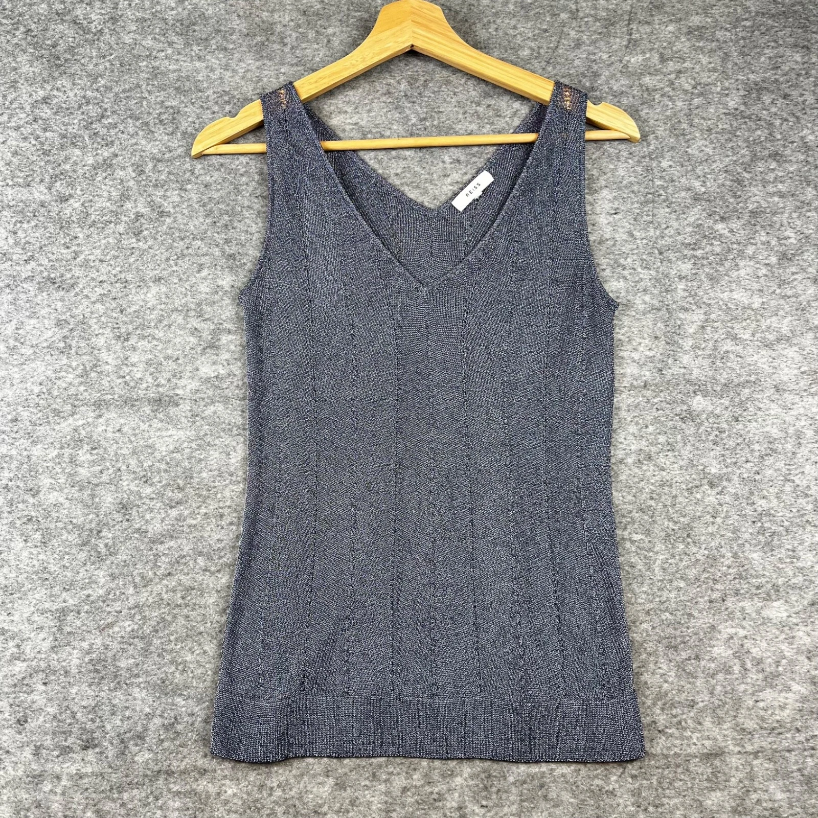 ESSENTIALS Canotta donna Reiss argento metallizzato trasparente taglia L scollo a V senza maniche elasticizzata