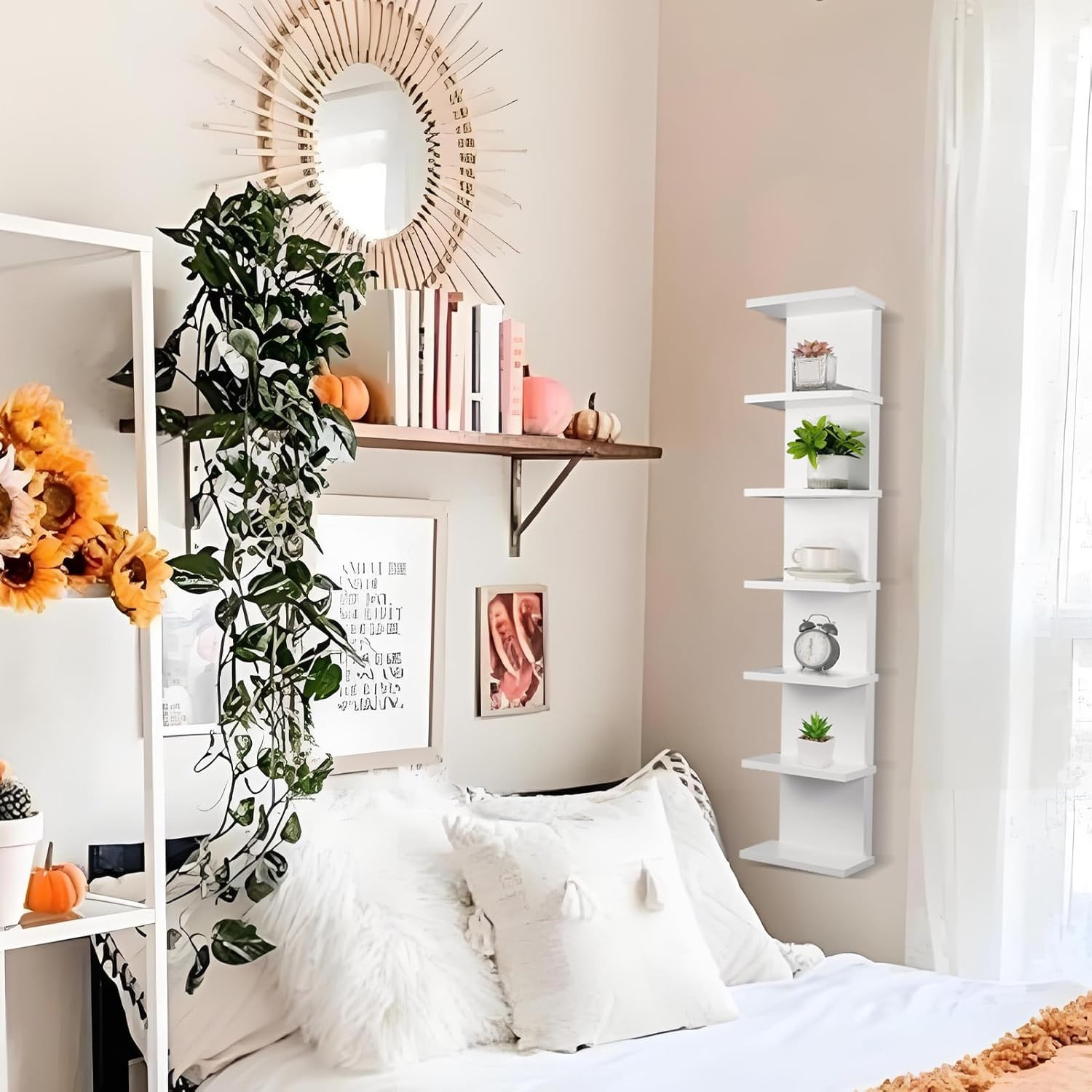 2 Pack 7 Tier Floating Wall Shelf - Compact Vertical Storage Organizer (White)