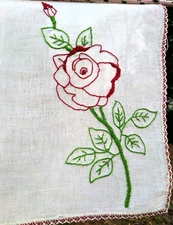 Stunning Vintage Rose Floral Handwork Linen Cotton Dresser Scarf or Table Runner