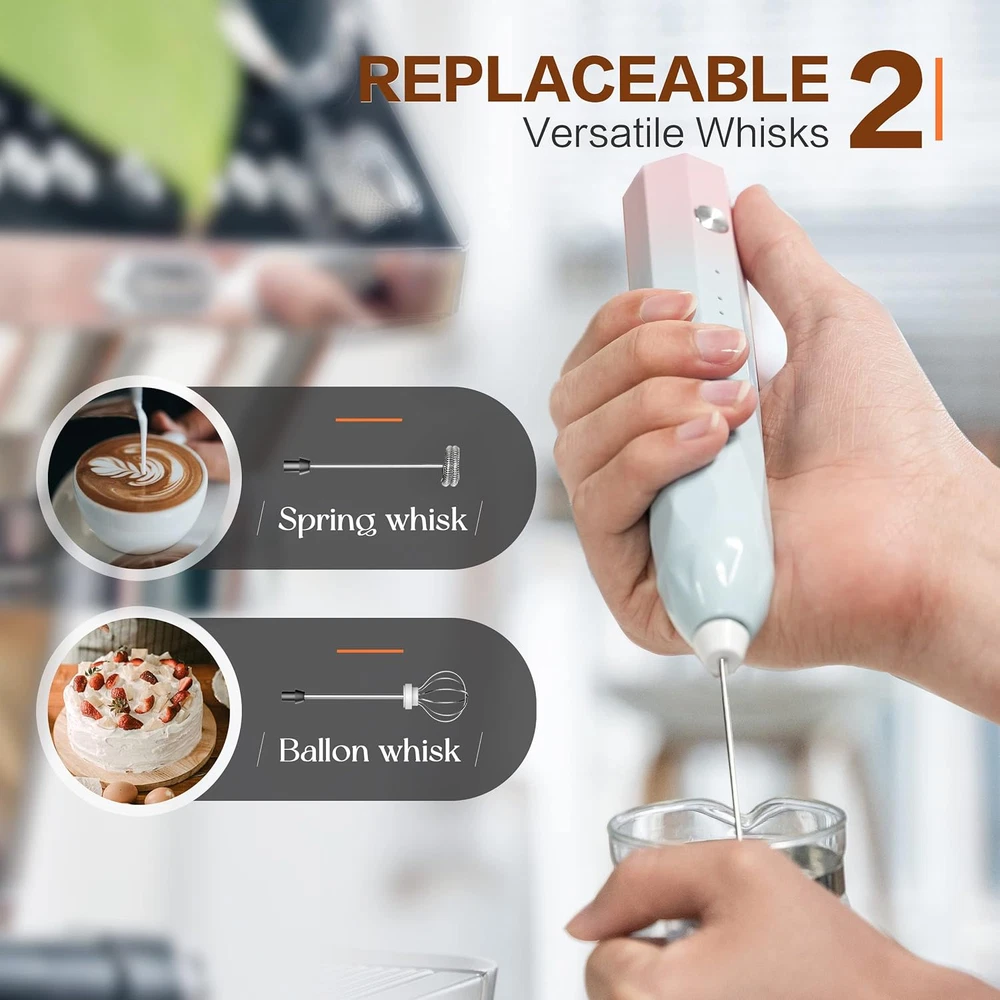 Milk Frother Rechargeable Handheld Electric Whisk Coffee Frother Mixer with 2 St