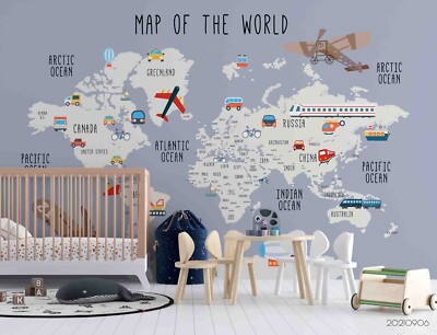3D Blue World Map Airplane Wall Murals Wallpaper Murals Wall Sticker