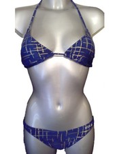 KULU Blue & Gold Bikini Set Halterneck Triangle Cups removable padding Strappy