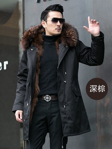 mens Faux mink fur lined long coat fur collar hooded Warm Winter parkas overcoat - Picture 18 of 40