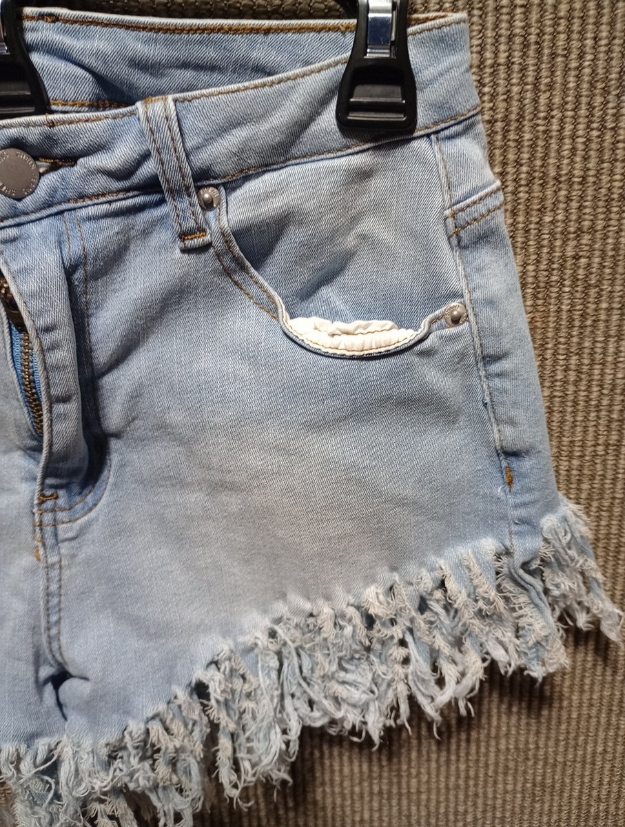 Shein Women's SXY Fringe Trim Slant Pocket Denim Shorts M Us