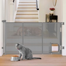 Reinforced 60  Wide Retractable Dog Gate with Cat Door Gates for Pets with