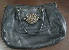 Tory Burch Black Pebbled Leather Tote Bag Gold Logo Women Double Handles 73