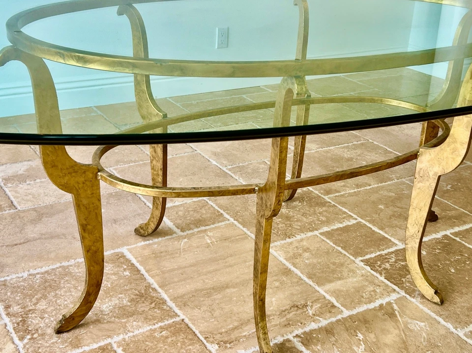 Italian Ogee Glass & Gold Metal Dining Set with 8 Velvet Chairs - Image 3 of 4