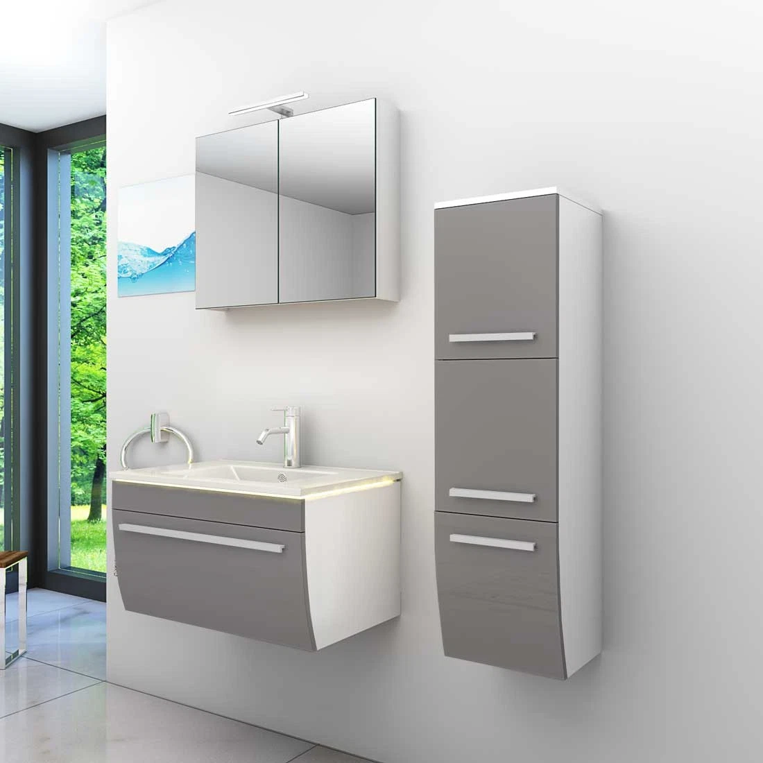 Badmöbel Set Gently 3 V2-R Weiß/Grau Badezimmermöbel Badspiegel Waschtisch 70 cm