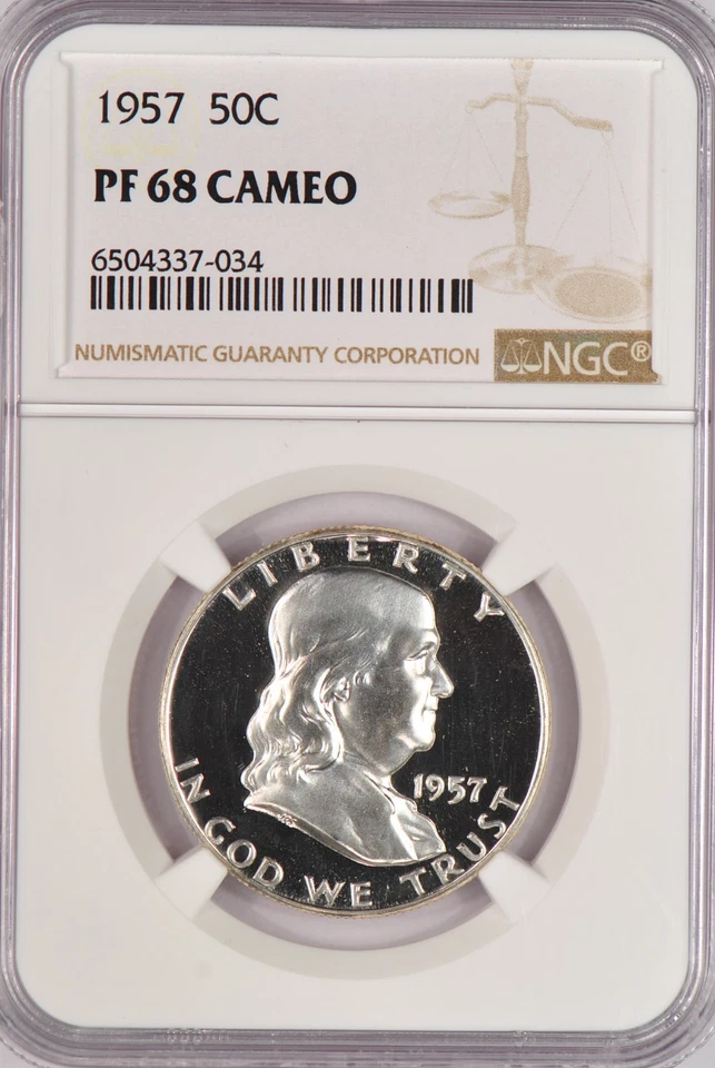 1957 Franklin Half Dollar Proof NGC PF 68 CAMEO PR68CAM Frosty Coin 50C - Image 2 of 3