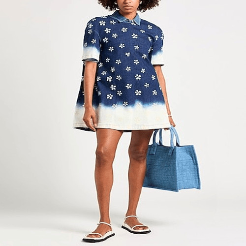 Marni Rare NWT EU 42 US 6-8 Bleached Flower Print Stretch Denim Mini Dress Blue