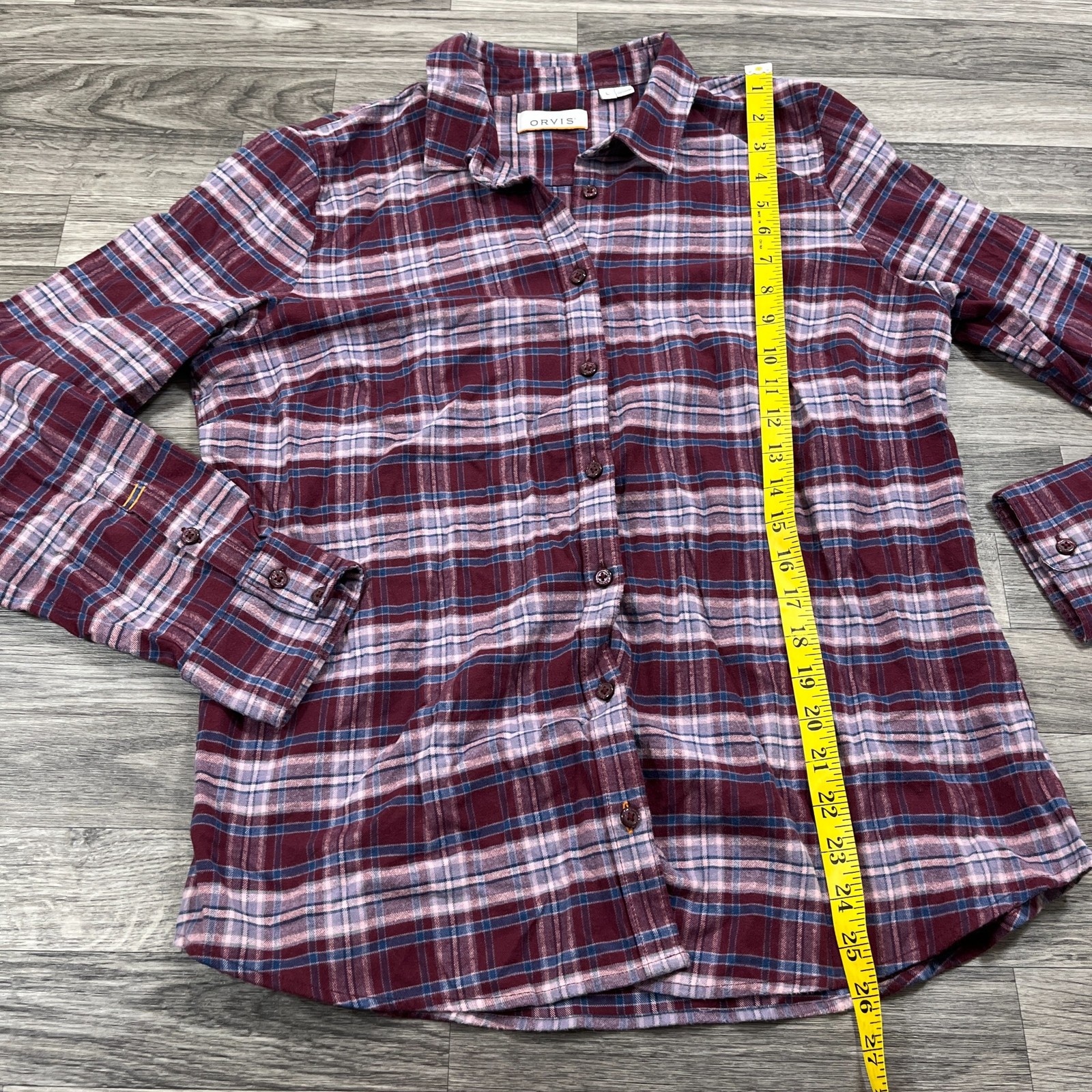 ORVIS Button Down Collar Stretch Maroon Plaid Fla… - image 9