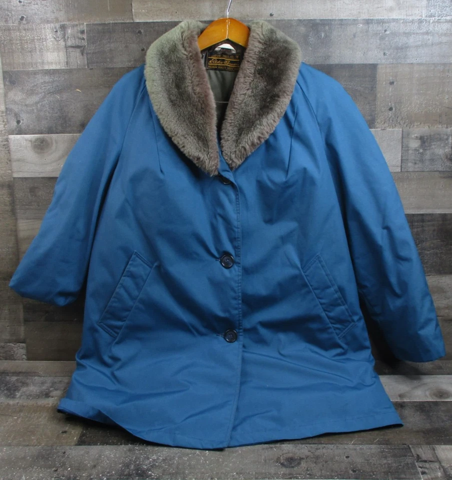 Vintage Eddie Bauer Jacket Womens Large Blue Goose Down Fur Collar Coat 70s - Image 2 of 4