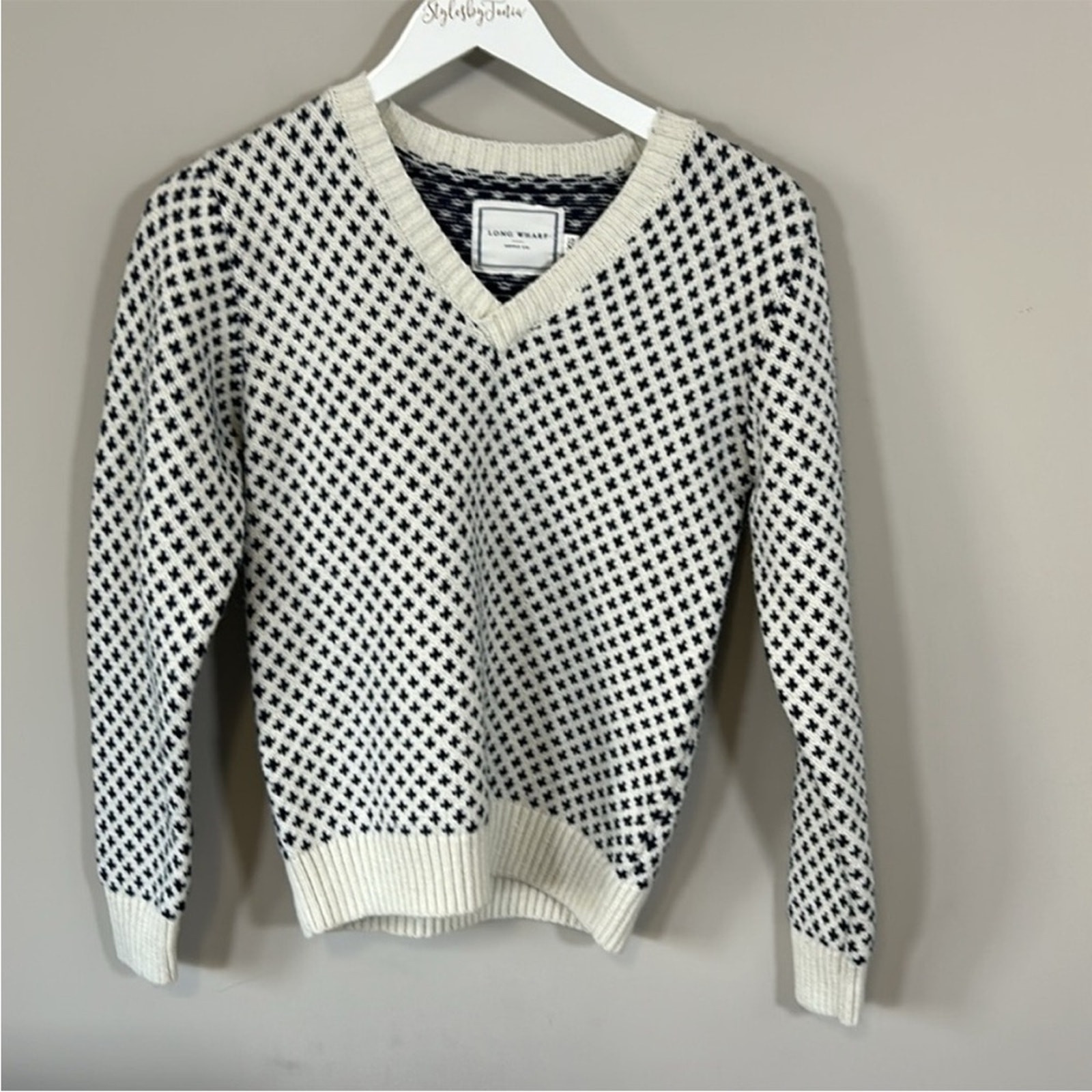 LONG WHARF Womens Osterville SeaWell Sweater Cream Fisherman Recycled Vneck XS