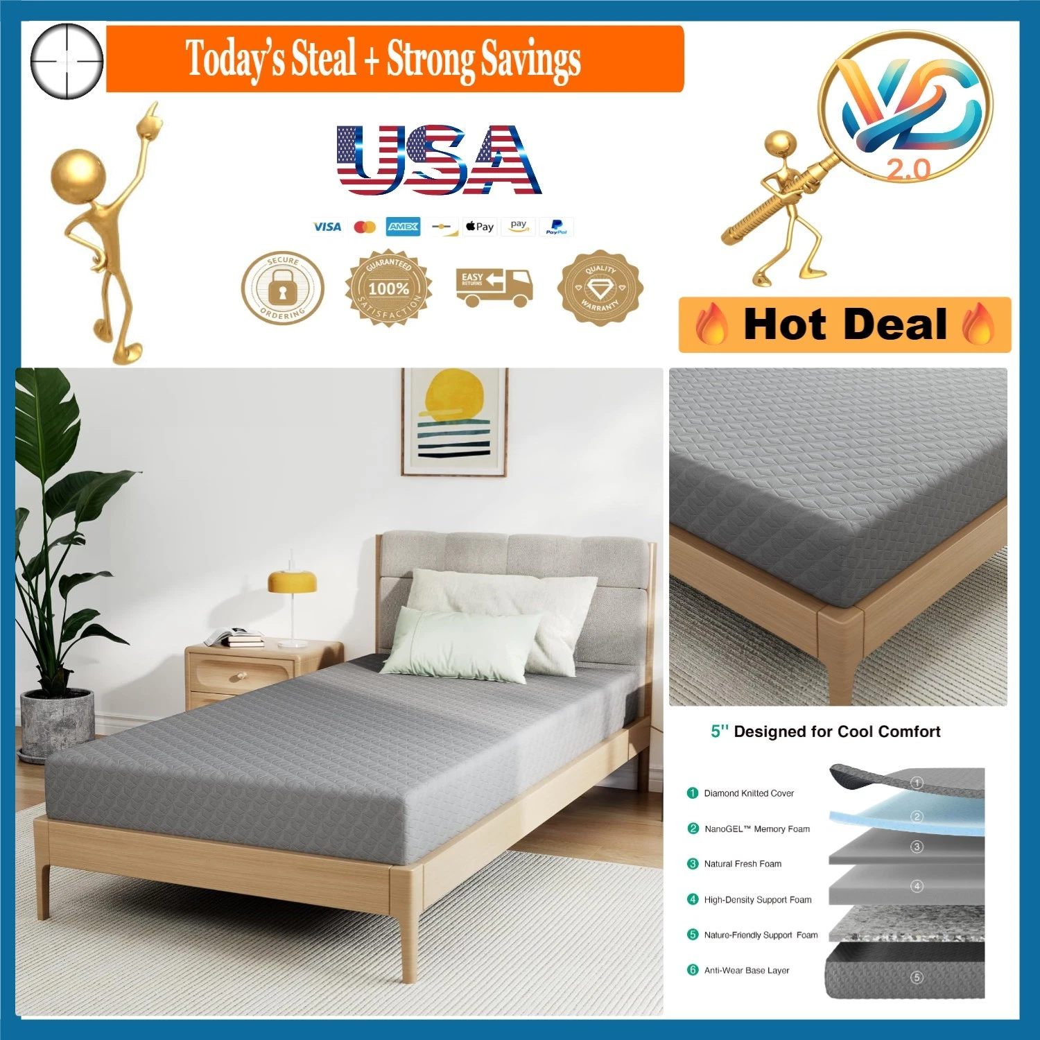 Full Size Gel Memory Foam Mattress 5 Inch Cooling Support Hypoallergenic