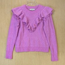 Loft Preppy Colorful Ruffle Crew Neck Sweater Size M Pink Purple Long Sleeve