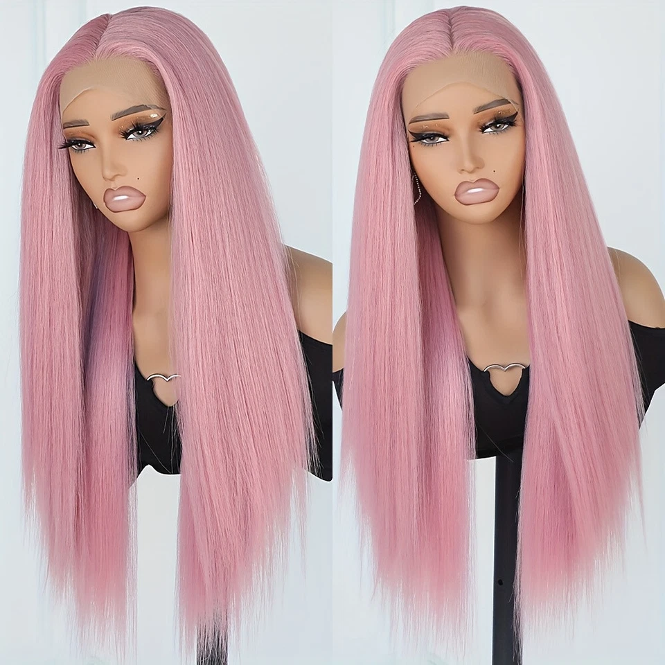Pelucas delanteras de encaje largo liso color rosa para mujer fiesta línea de cabello natural Foto 2 de 4