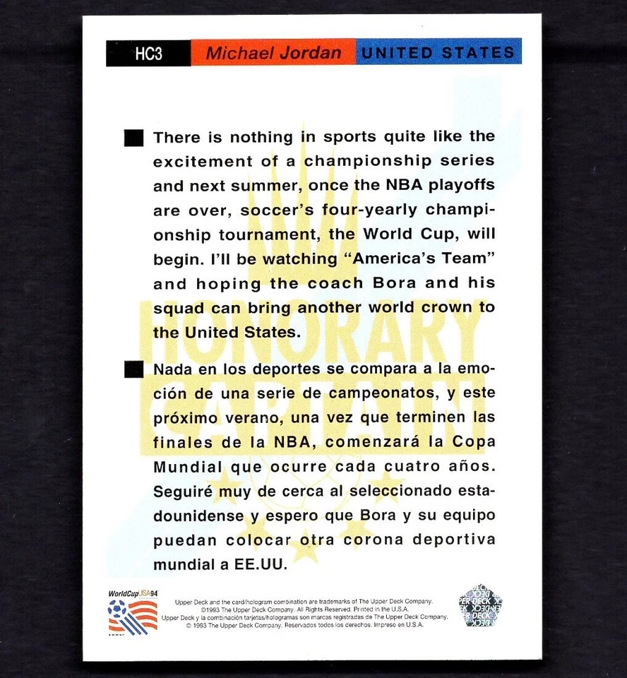 Tarjeta de fútbol MICHAEL JORDAN 1994 Upper Deck Copa Mundial Capitán Honorario DORADO #HC3 Foto 4 de 4