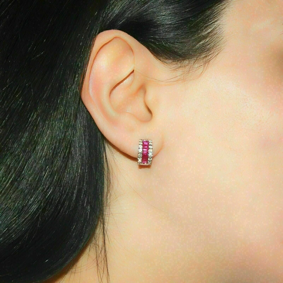 2.00Ct Baguette Cut Simulated Ruby Huggie Hoop Earrings In 14K White Gold Plated - Image 4 of 4