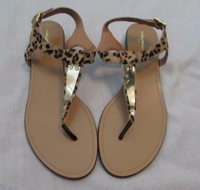 HALOGEN Nordstrom womens 8.5 animal print leopard gold calf hair thongs sandals | eBay