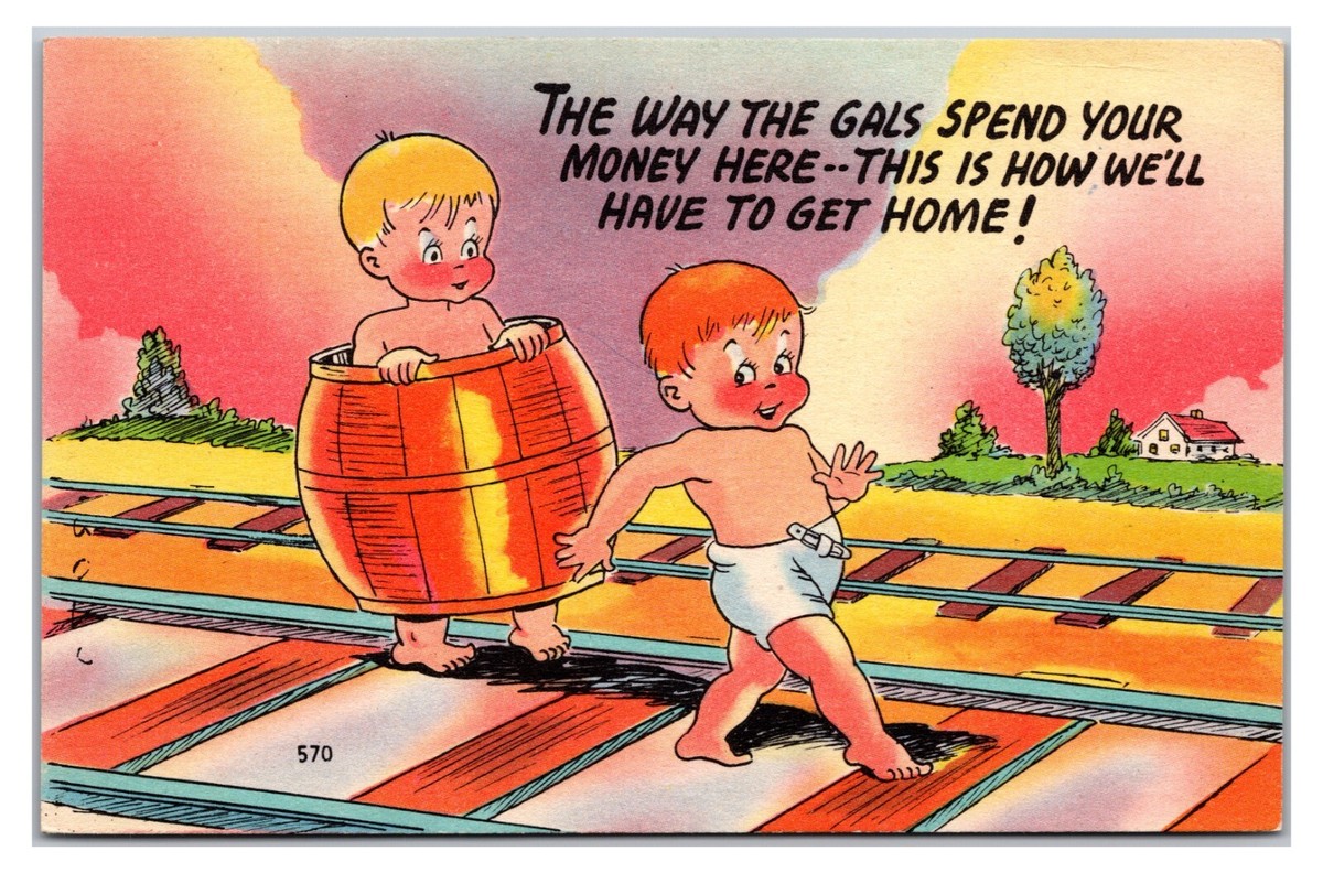 Vintage 1930s - Funny Kids / Railroad - Comic Cartoon Postcard